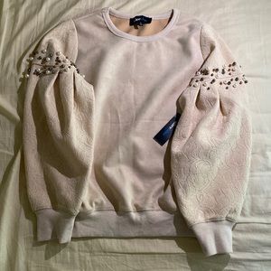 tan long sleeve w/ pearls